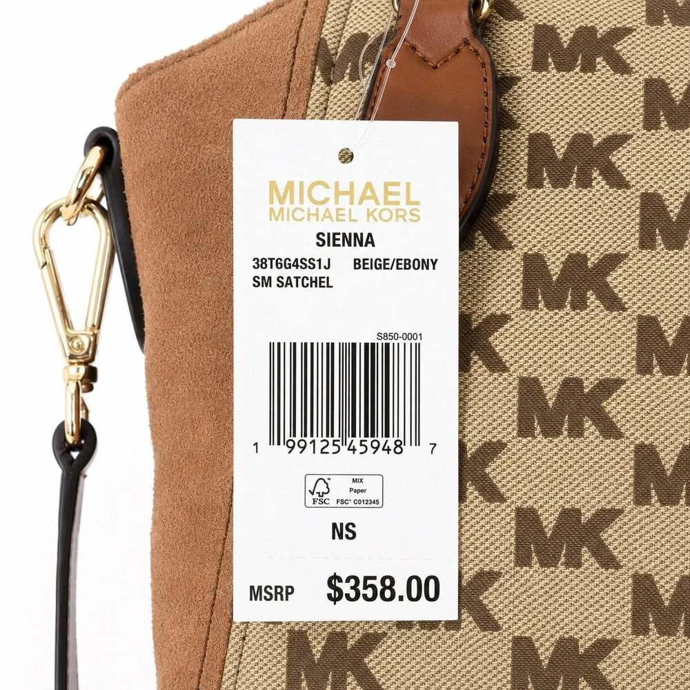 Michael Kors Sienna Small Satchel Beige Ebony Logo Canvas Suede 38T6G4SS1J